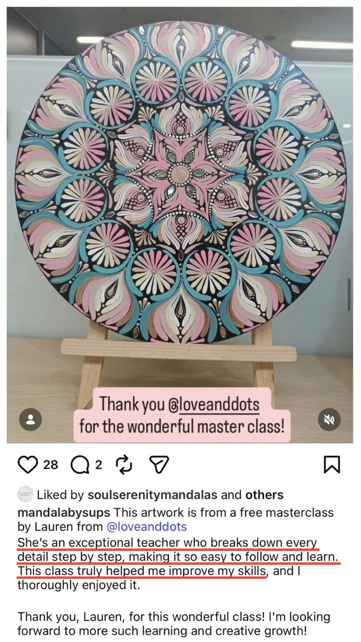 A student's 12-inch mandala painted from the free masterclass