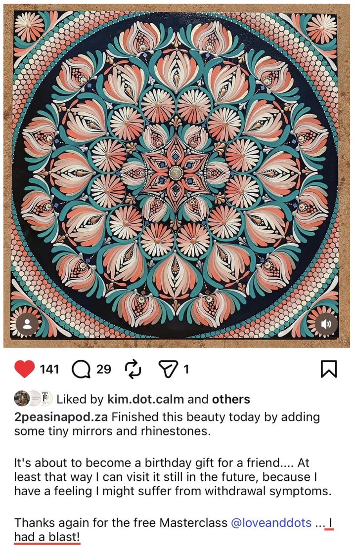 A student's 12-inch mandala painted from the free masterclass
