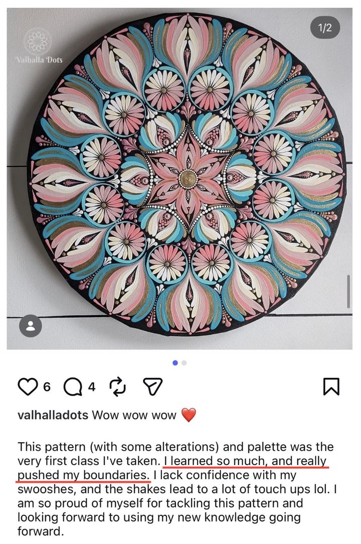 A student's 12-inch mandala painted from the free masterclass