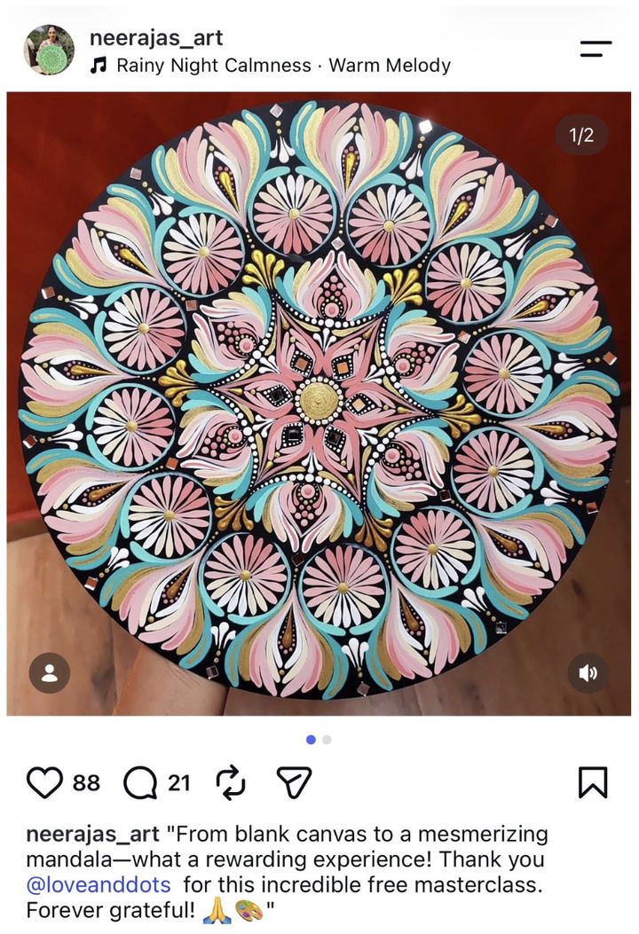 A student's 12-inch mandala painted from the free masterclass