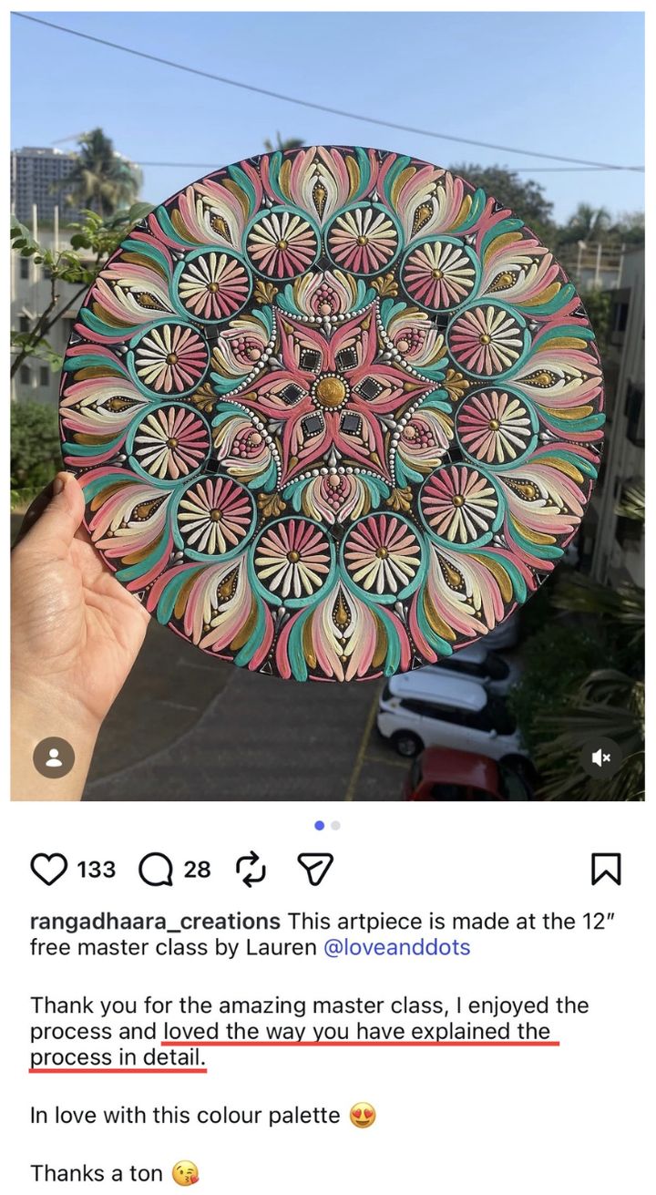 A student's 12-inch mandala painted from the free masterclass