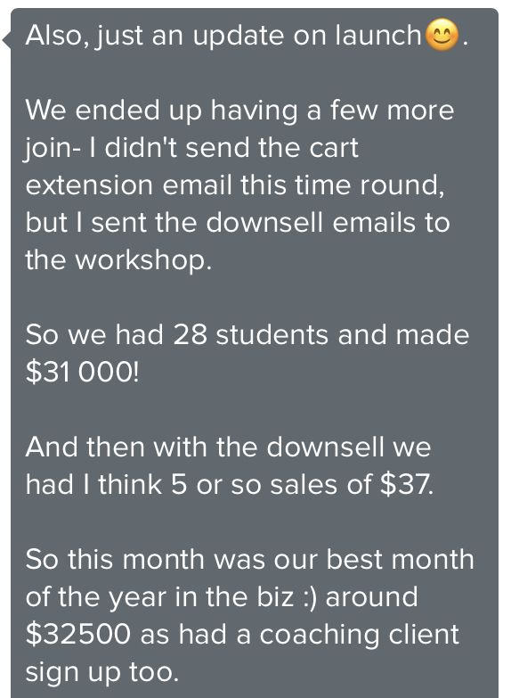 A message from a student sharing their results